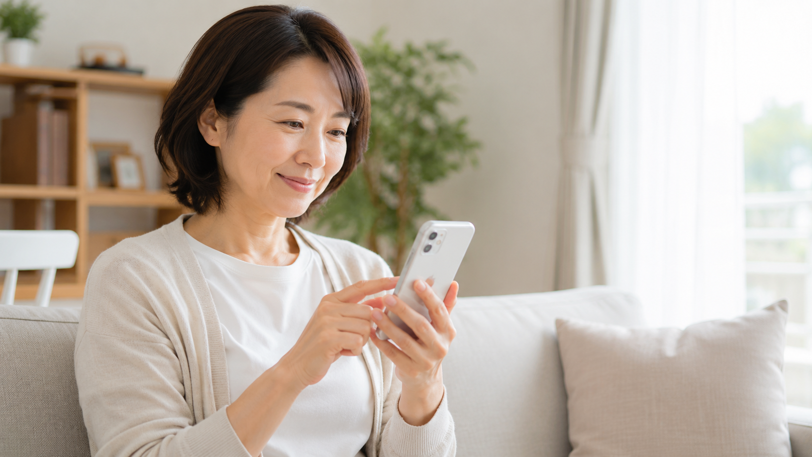 主婦がスマートフォンでスポットワークアプリを確認しているシーン