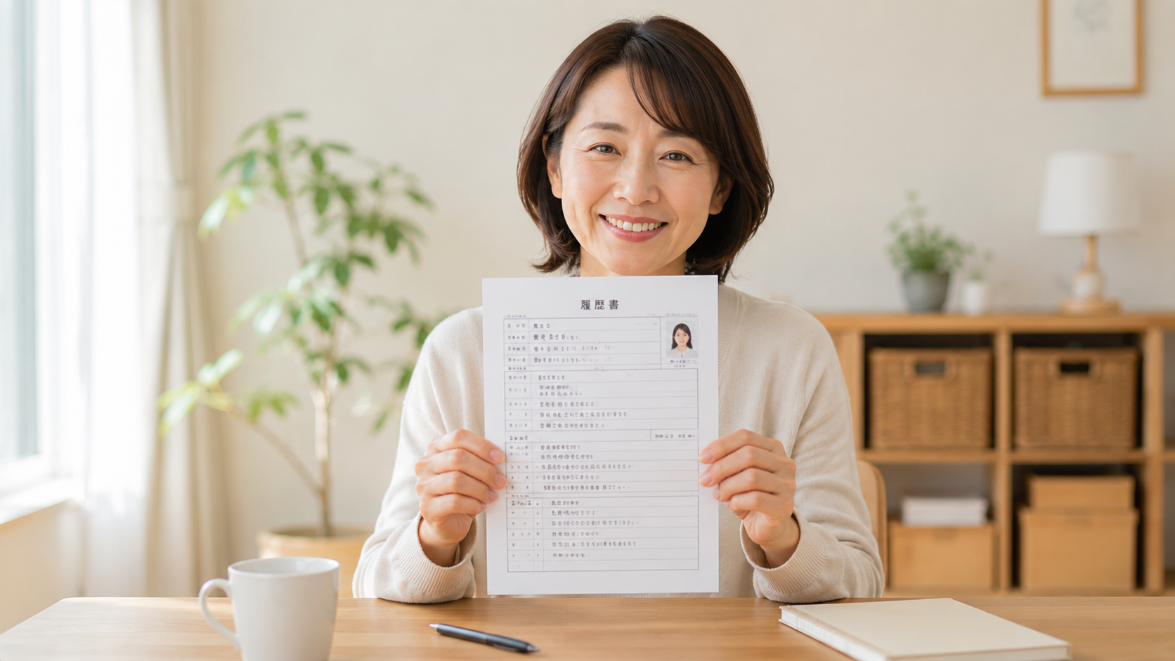 完成した履歴書を手に笑顔の主婦