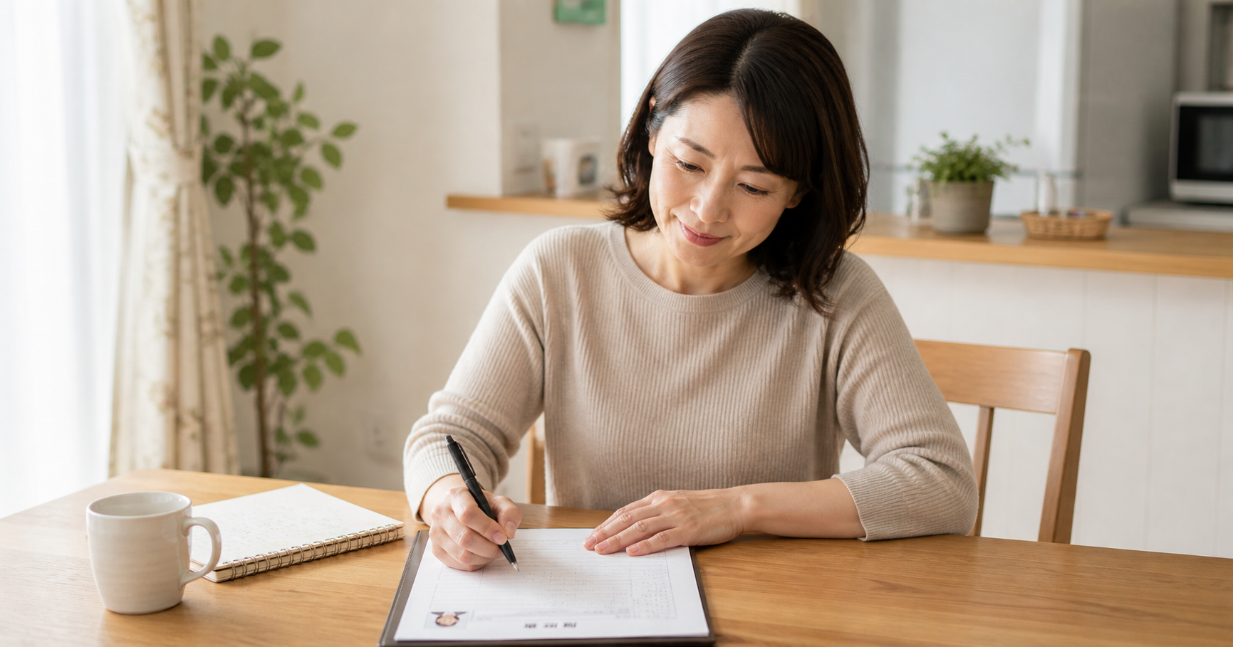 主婦が自宅のテーブルでパートの履歴書を書いているシーン