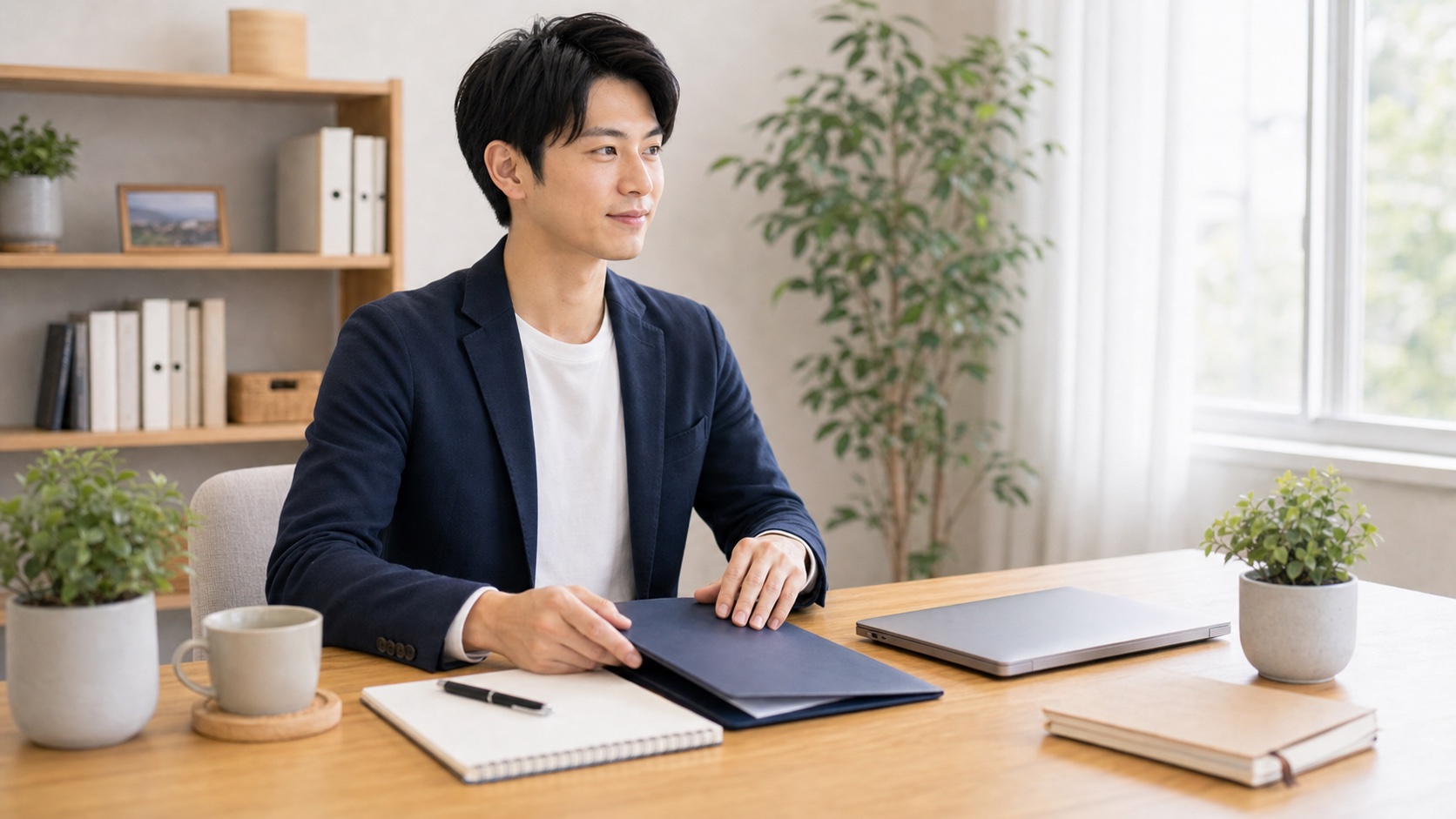 転職面接の準備を終えて落ち着く若手社会人のイメージ写真