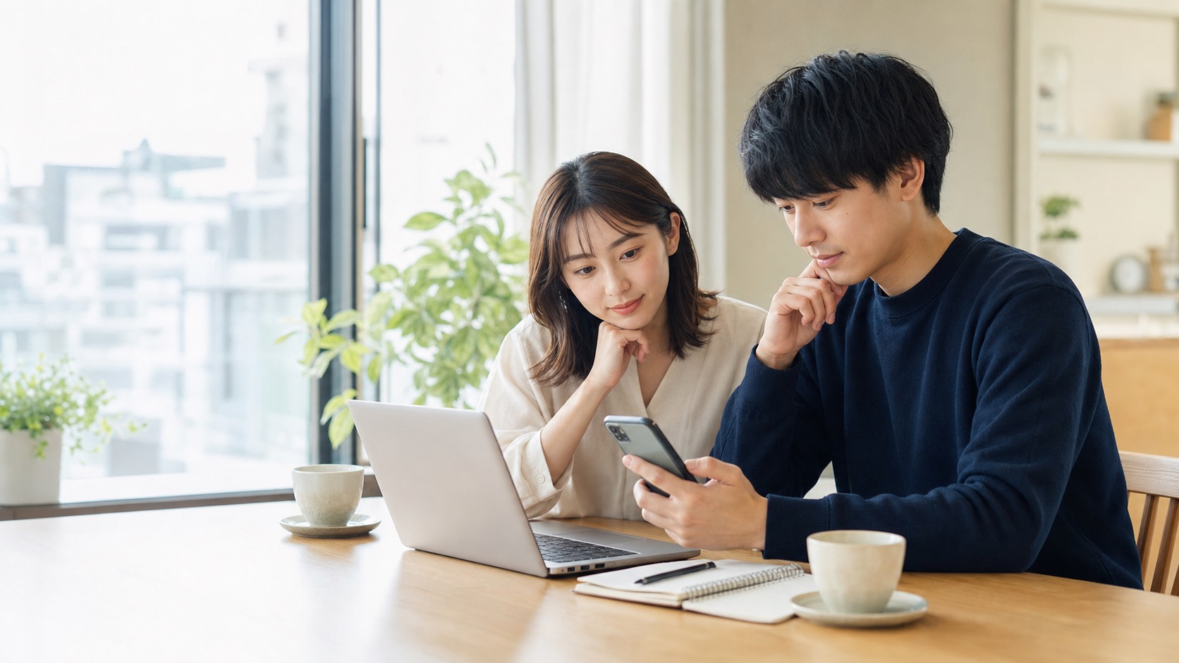 20代の男女が求人情報とチェックリストを見ながら転職先を考えるイメージ写真