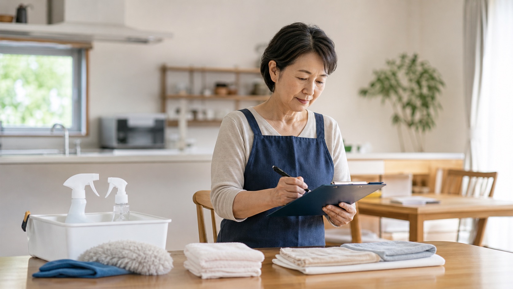 家政婦の仕事内容を確認しながら家事の準備をするシニア女性のイメージ写真