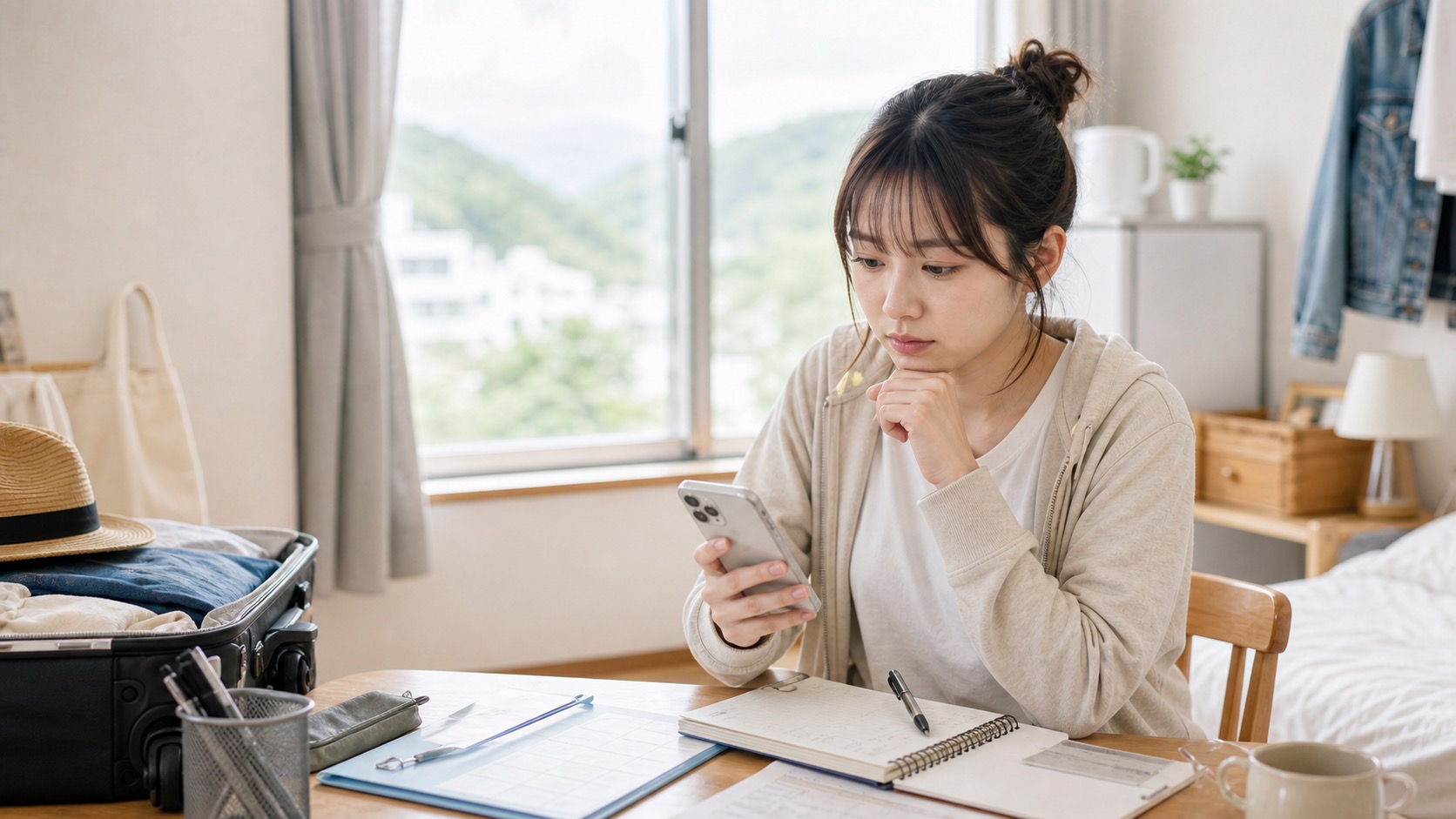 リゾートバイトの寮で求人条件を確認する学生のイメージ写真