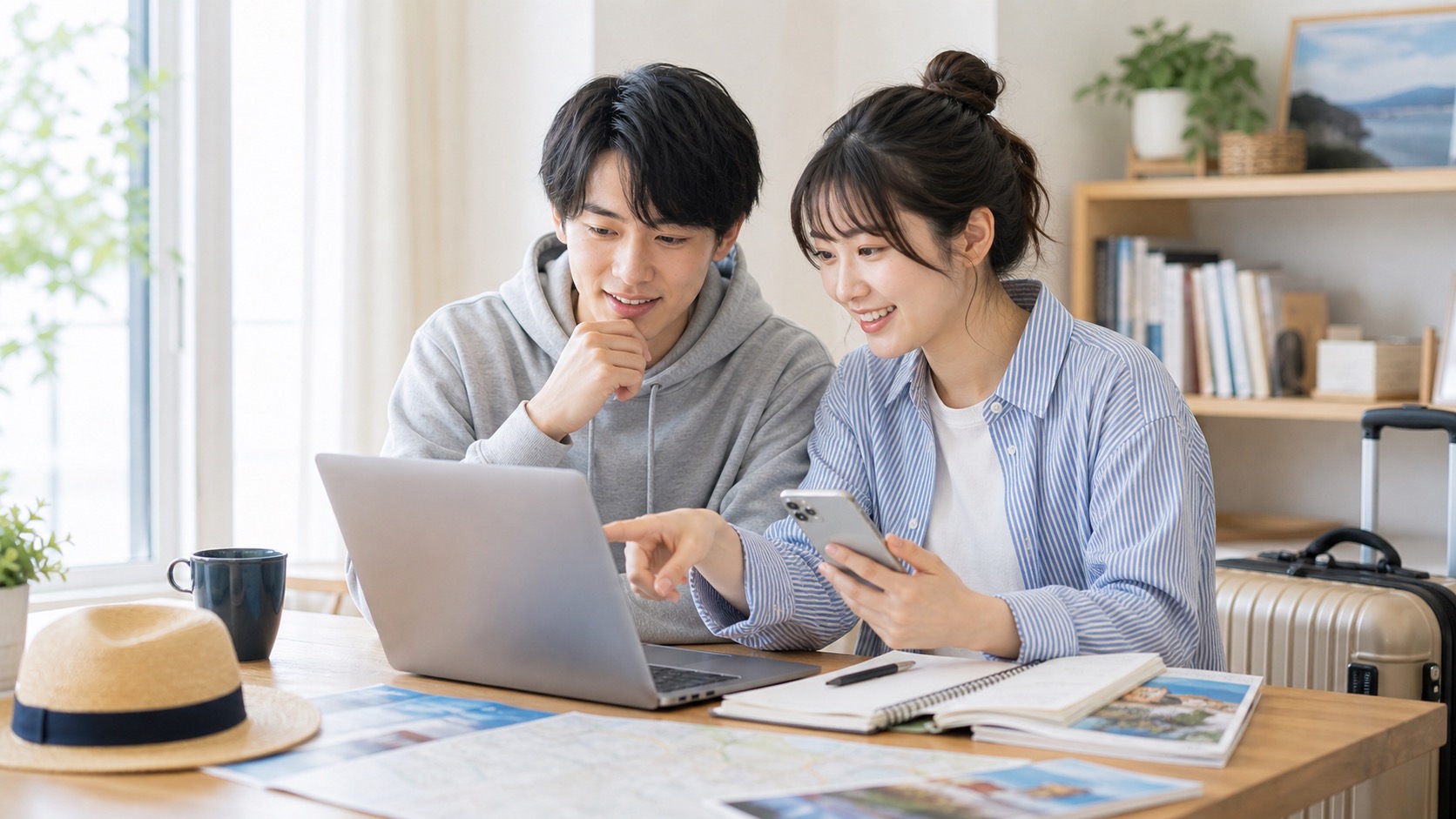 学生がスマホとパソコンでリゾートバイトサイトを比較するイメージ写真